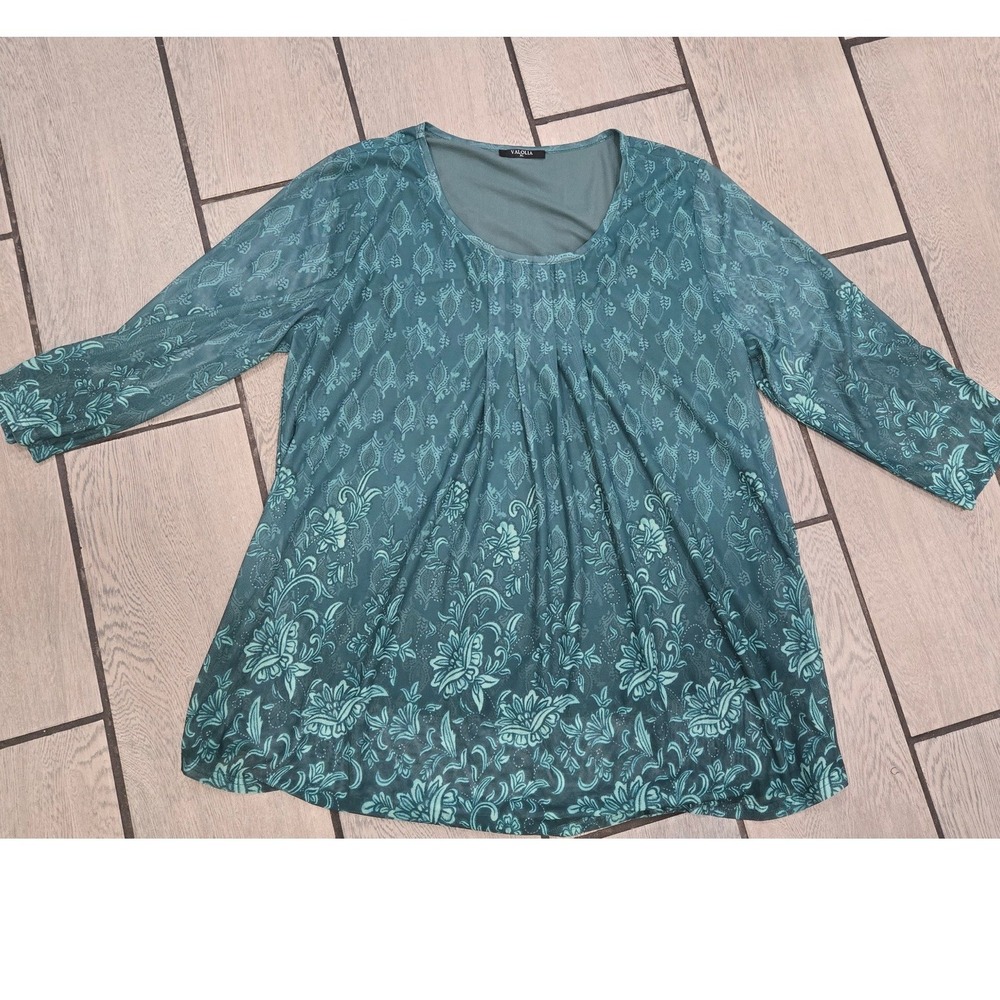 Valolia Teal Green Floral Mesh Layered Pleated Blouse 3/4 Sleeve Tunic XL